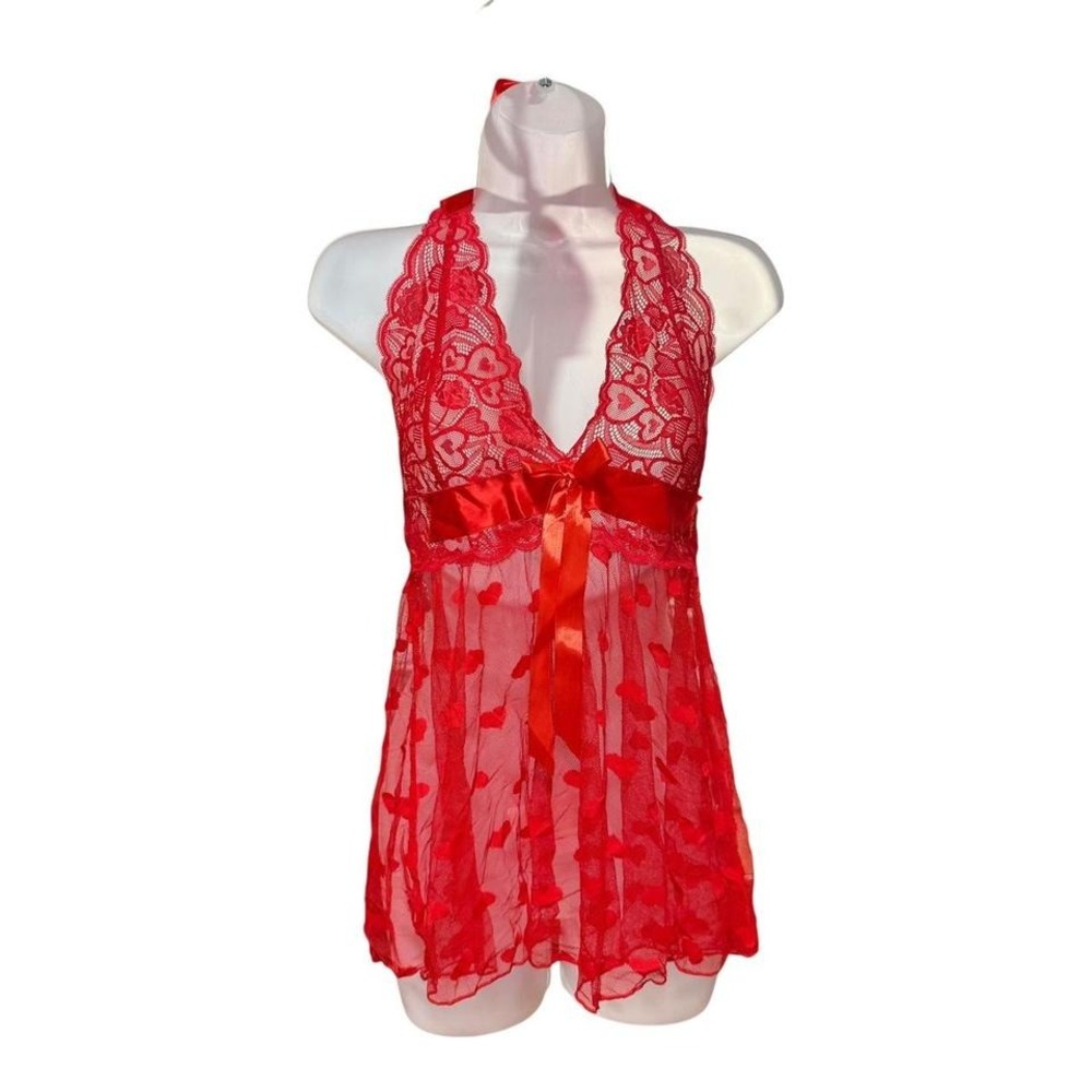 Red lace babydoll top with heart details and ribbon bow